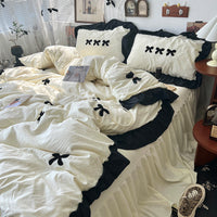HKM-818835 Cream Lace Bow Washed Cotton Four-Piece Bedding Set