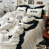 HKM-818835 Cream Lace Bow Washed Cotton Four-Piece Bedding Set
