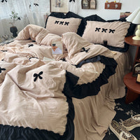 HKM-818835 Cream Lace Bow Washed Cotton Four-Piece Bedding Set