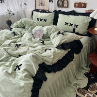HKM-818835 Cream Lace Bow Washed Cotton Four-Piece Bedding Set