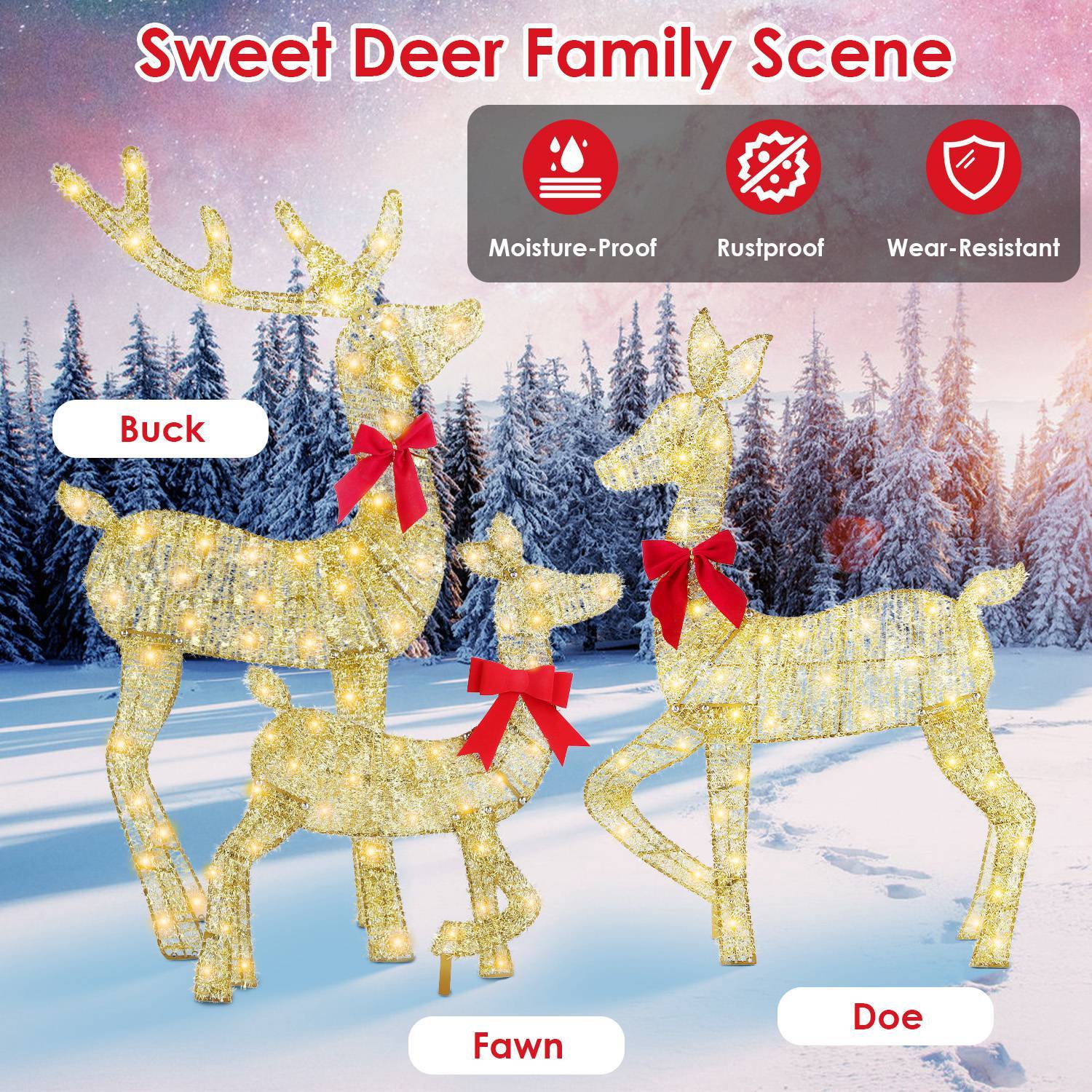 HKM-819283 Lighted 2D Christmas Reindeer Family Set - Buck, Doe & Fawn Decoration with 8 Modes for Indoor & Outdoor Use