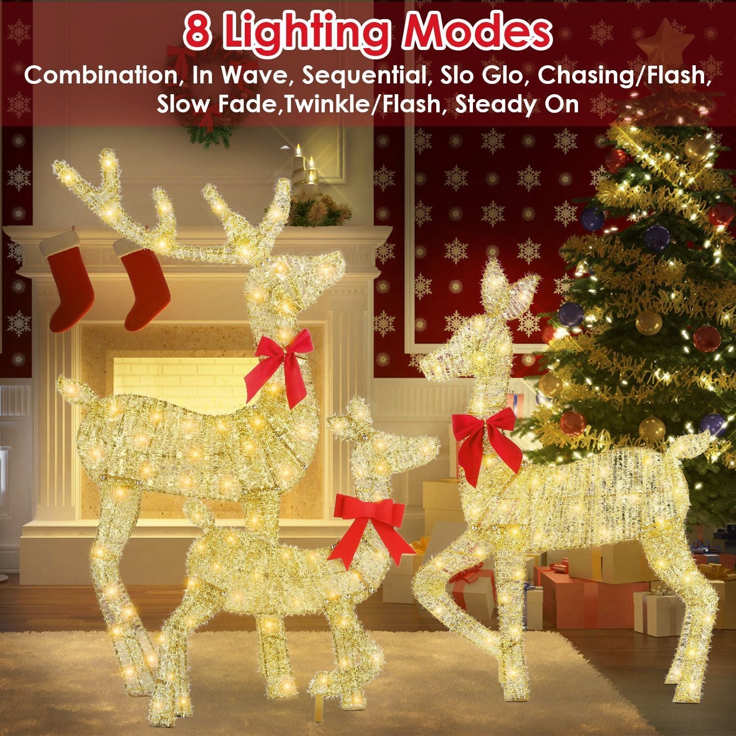 HKM-819283 Lighted 2D Christmas Reindeer Family Set - Buck, Doe & Fawn Decoration with 8 Modes for Indoor & Outdoor Use