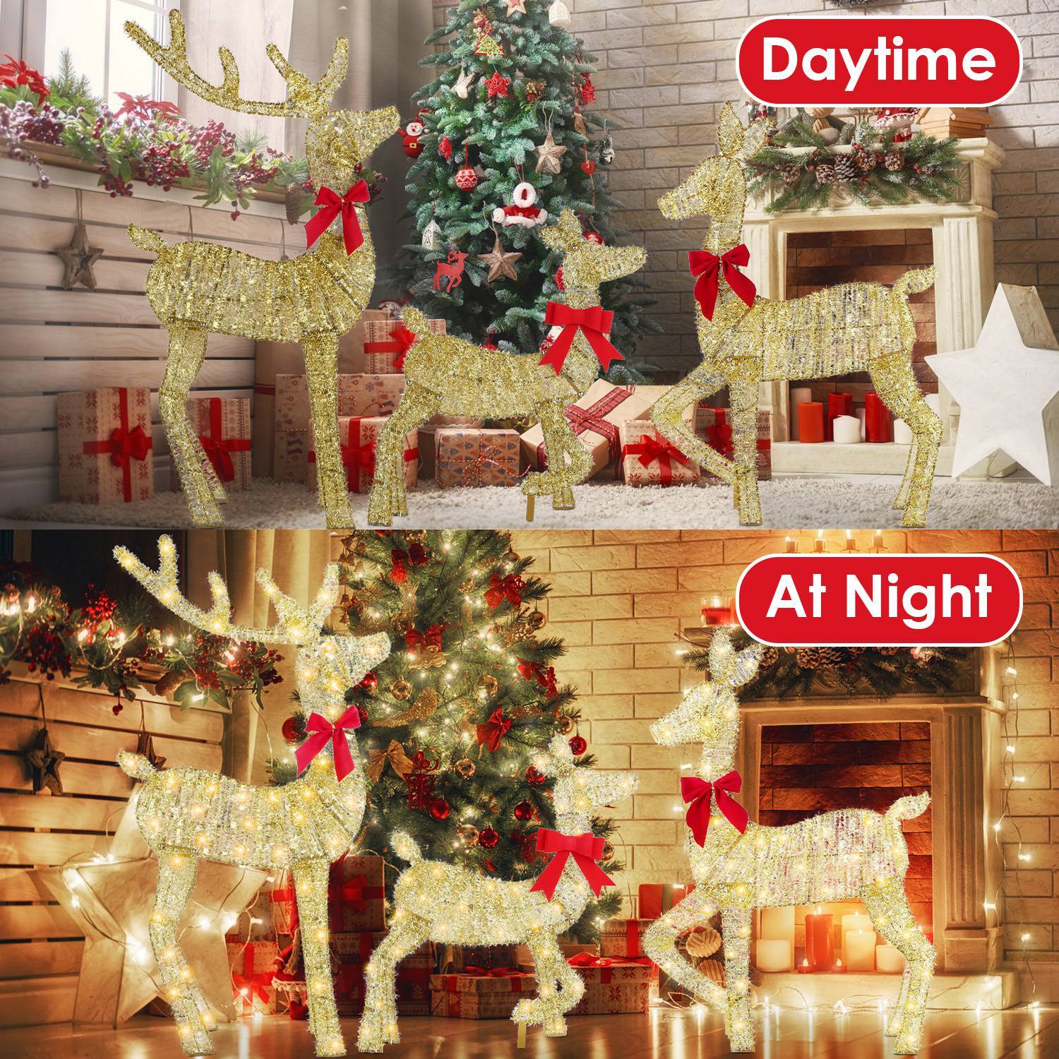 HKM-819283 Lighted 2D Christmas Reindeer Family Set - Buck, Doe & Fawn Decoration with 8 Modes for Indoor & Outdoor Use