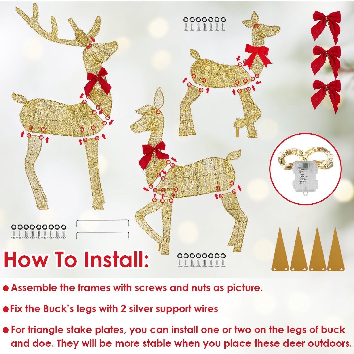 HKM-819283 Lighted 2D Christmas Reindeer Family Set - Buck, Doe & Fawn Decoration with 8 Modes for Indoor & Outdoor Use