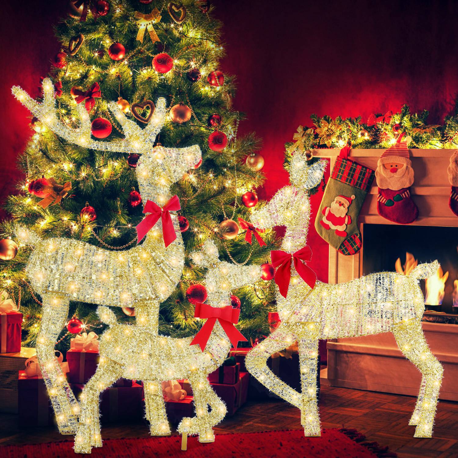 HKM-819283 Lighted 2D Christmas Reindeer Family Set - Buck, Doe & Fawn Decoration with 8 Modes for Indoor & Outdoor Use