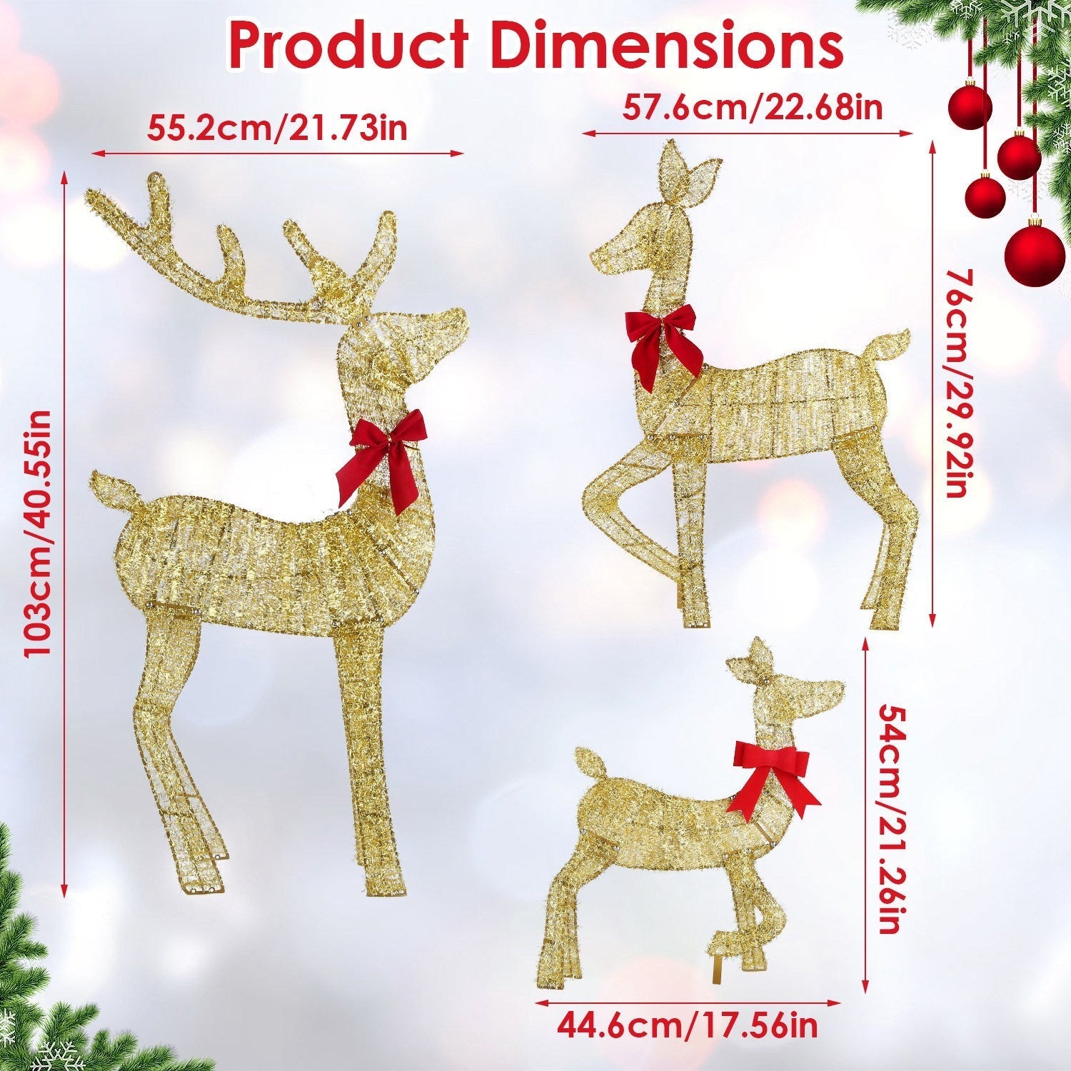 HKM-819283 Lighted 2D Christmas Reindeer Family Set - Buck, Doe & Fawn Decoration with 8 Modes for Indoor & Outdoor Use