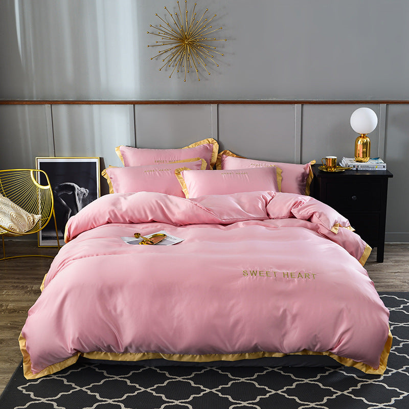 HKM-819475 Washed Silk Embroidered Bed Sheet Set - Light Luxury 4-Piece Bedding Collection
