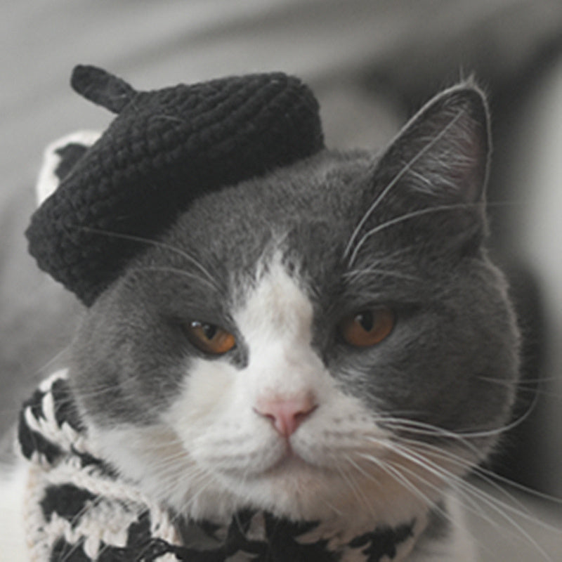 HKM-819667 Small Dog Beret and Scarf Set with Black and Gray Options for Pets