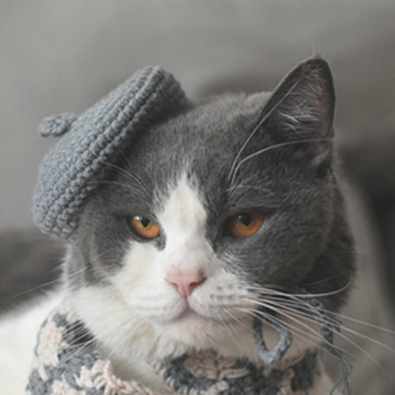 HKM-819667 Small Dog Beret and Scarf Set with Black and Gray Options for Pets
