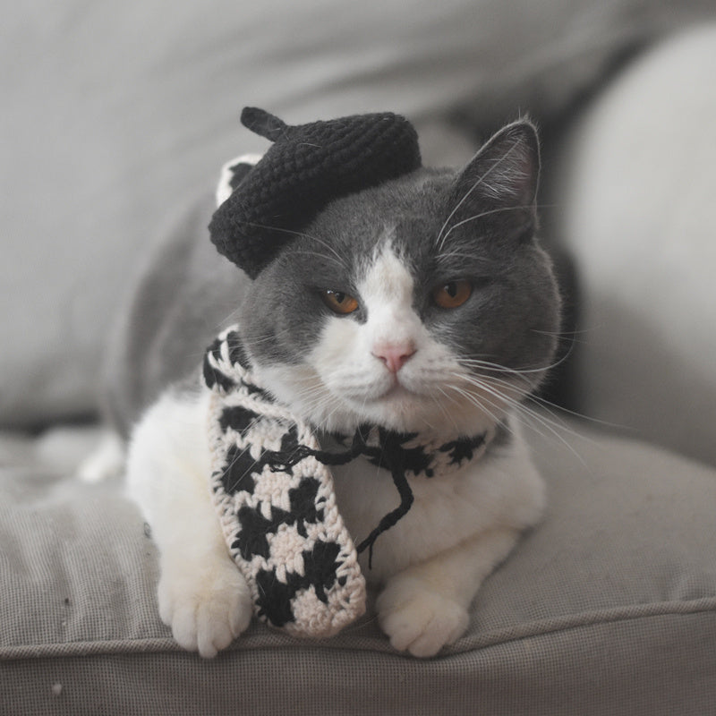 HKM-819667 Small Dog Beret and Scarf Set with Black and Gray Options for Pets