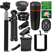 HKM-819731 3-in-1 Telephoto Lens Set with Fisheye, Wide-angle, Macro Lenses and Selfie Stick - 8x/12x Magnification Options