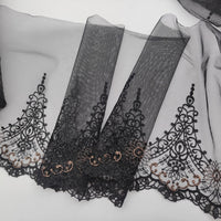 HKM-819987 Black Mesh Embroidery Lace Fabric with Gold Thread - 22cm Wide, 1 Meter Length