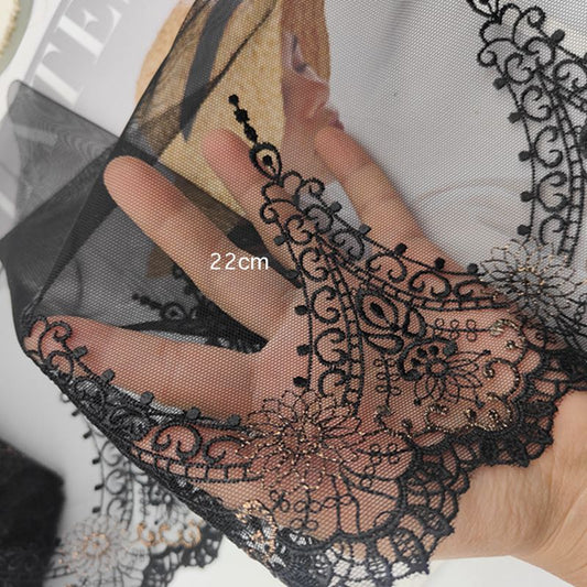 HKM-819987 Black Mesh Embroidery Lace Fabric with Gold Thread - 22cm Wide, 1 Meter Length