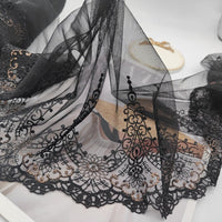 HKM-819987 Black Mesh Embroidery Lace Fabric with Gold Thread - 22cm Wide, 1 Meter Length