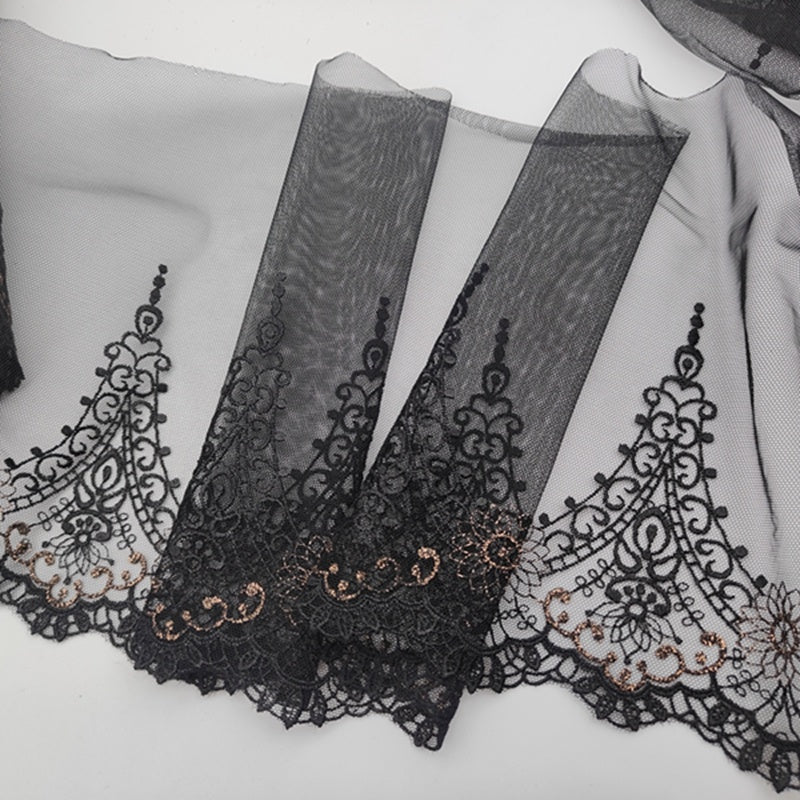 HKM-819987 Black Mesh Embroidery Lace Fabric with Gold Thread - 22cm Wide, 1 Meter Length