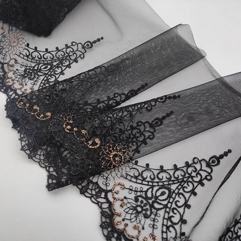 HKM-819987 Black Mesh Embroidery Lace Fabric with Gold Thread - 22cm Wide, 1 Meter Length