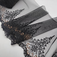 HKM-819987 Black Mesh Embroidery Lace Fabric with Gold Thread - 22cm Wide, 1 Meter Length