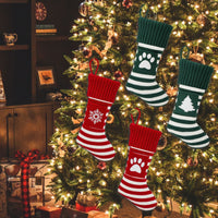 HKM-820307 Festive Knitted Cat and Dog Socks Gift Bag - Red Paws, Snowflakes, Green Trees & Elk