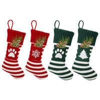 HKM-820307 Festive Knitted Cat and Dog Socks Gift Bag - Red Paws, Snowflakes, Green Trees & Elk
