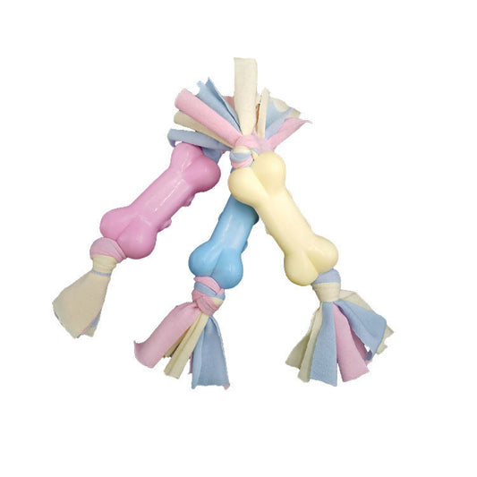 HKM-820627 TPR Dog Bone Toy with Cotton Cloth Strips for Molar Teeth Cleaning and Stress Relief