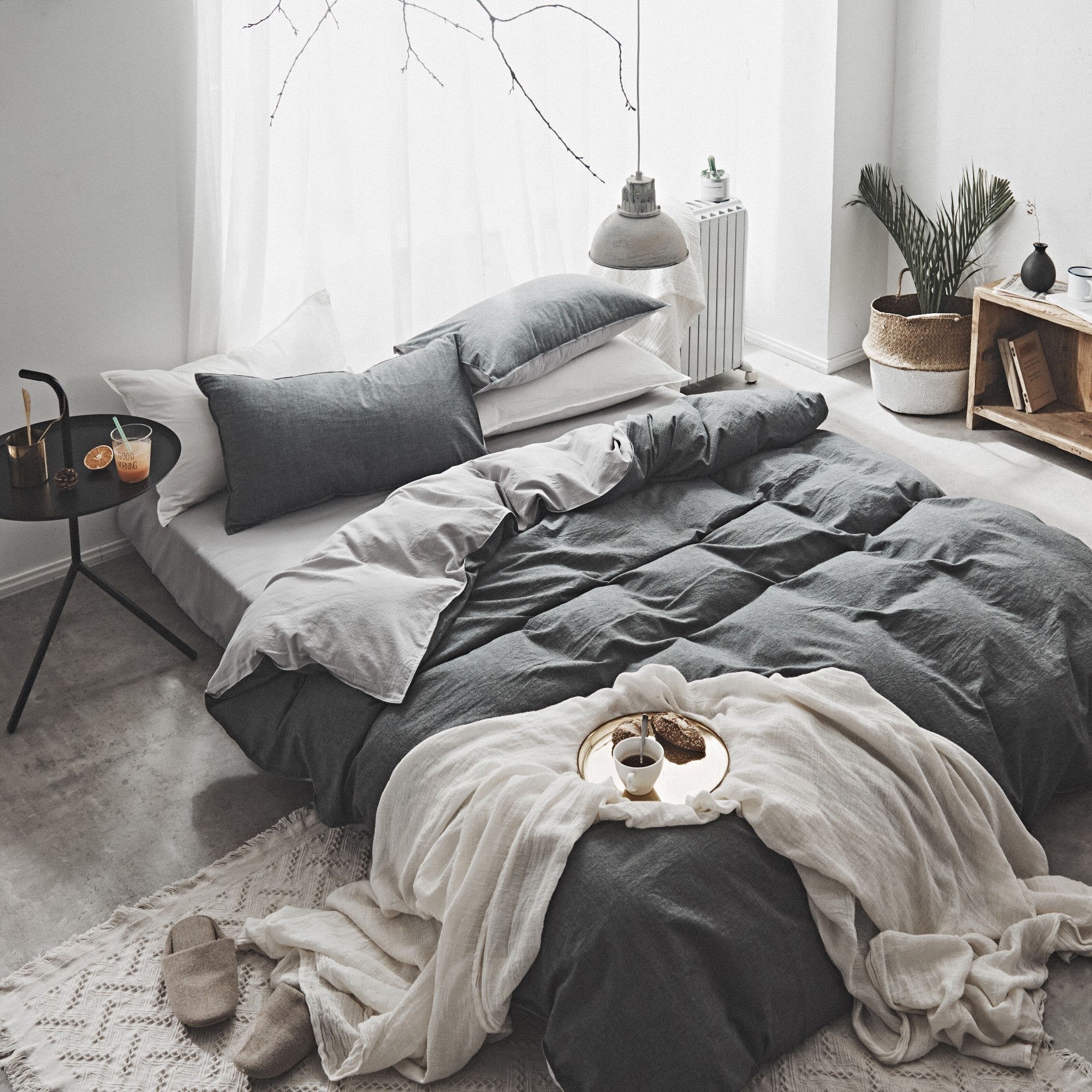 HKM-821075 Washed Cotton Nordic Four-Piece Bedding Set with Quilt Cover, Flat Sheet, and Pillowcases