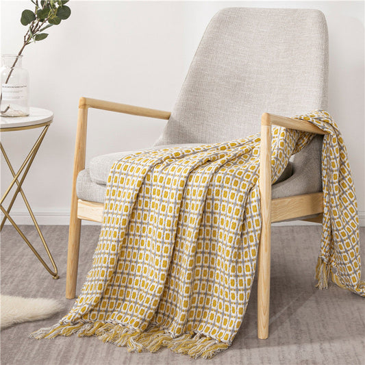 HKM-821459 Geometric Yellow Knitted Shawl with Tassels - Woven Acrylic Blanket (130x162CM)