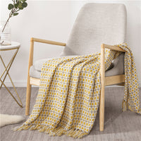 HKM-821459 Geometric Yellow Knitted Shawl with Tassels - Woven Acrylic Blanket (130x162CM)
