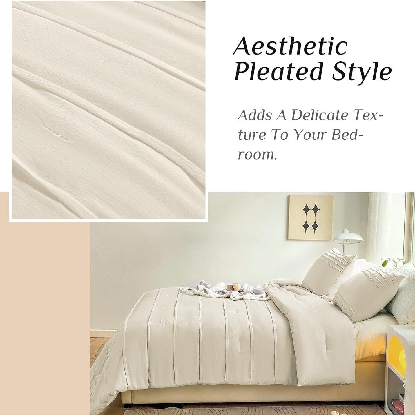 HKM-822291 Light Beige Three-Piece Pleated Quilt Set, Skin-Friendly All-Season Bedding