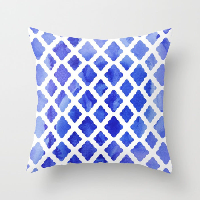 HKM-822675 Abstract Geometric Blue Cushion Cover in Soft Cotton and Peach Skin Polyester, 45 x 45 cm