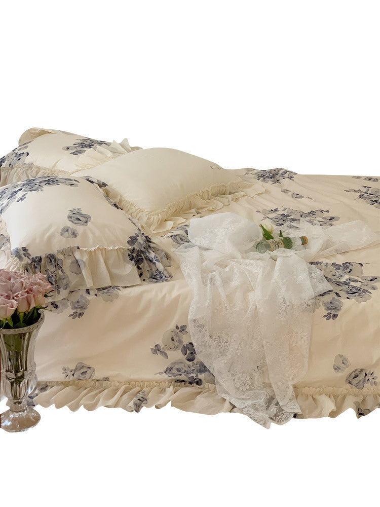 HKM-823443 Cotton Four-Piece Girl's Bedding Set with Heart and Lotus Leaf Lace Design
