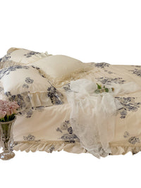 HKM-823443 Cotton Four-Piece Girl's Bedding Set with Heart and Lotus Leaf Lace Design