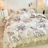 HKM-823443 Cotton Four-Piece Girl's Bedding Set with Heart and Lotus Leaf Lace Design