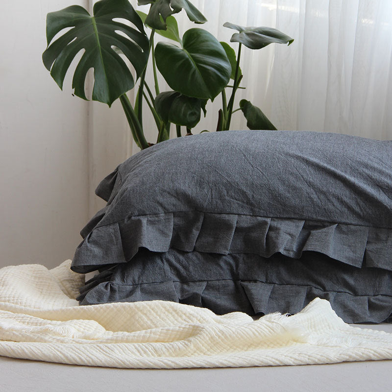 HKM-823763 Pure Cotton Ruffled Pillowcases - Elegant White, Pair of 48cm x 74cm Cases for Single Pillows