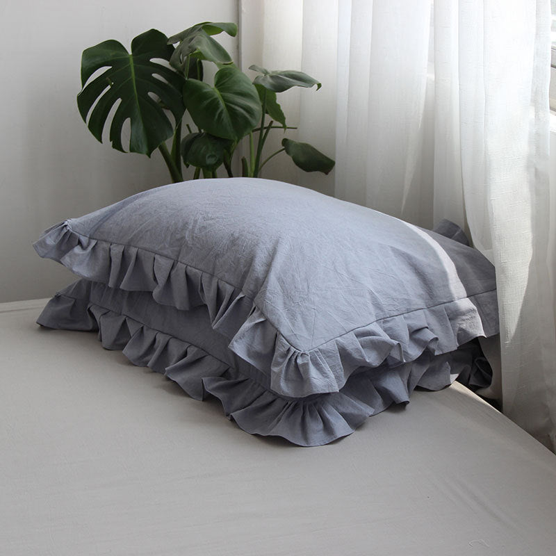HKM-823763 Pure Cotton Ruffled Pillowcases - Elegant White, Pair of 48cm x 74cm Cases for Single Pillows