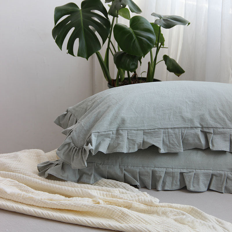 HKM-823763 Pure Cotton Ruffled Pillowcases - Elegant White, Pair of 48cm x 74cm Cases for Single Pillows