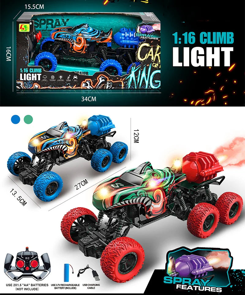 HKM-824019 Light Spray Remote Control 6-Wheel Shark Truck Toy - Electric Off-Road Climbing Vehicle for Ages 5+