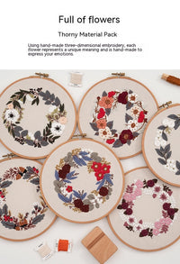 HKM-824595 3D Floral & Leaf Embroidery DIY Material Pack with Printed Cotton, Threads, Needles, and Tutorial