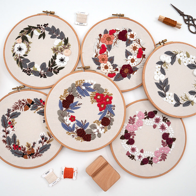 HKM-824595 3D Floral & Leaf Embroidery DIY Material Pack with Printed Cotton, Threads, Needles, and Tutorial