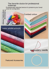 HKM-824595 3D Floral & Leaf Embroidery DIY Material Pack with Printed Cotton, Threads, Needles, and Tutorial