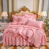 HKM-824595 Cotton Double-Layer Lace Bed Skirt Set - 4-Piece Bedding Ensemble in Multiple Colors