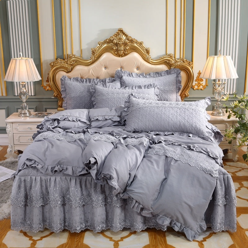 HKM-824595 Cotton Double-Layer Lace Bed Skirt Set - 4-Piece Bedding Ensemble in Multiple Colors