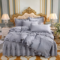 HKM-824595 Cotton Double-Layer Lace Bed Skirt Set - 4-Piece Bedding Ensemble in Multiple Colors