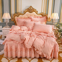 HKM-824595 Cotton Double-Layer Lace Bed Skirt Set - 4-Piece Bedding Ensemble in Multiple Colors