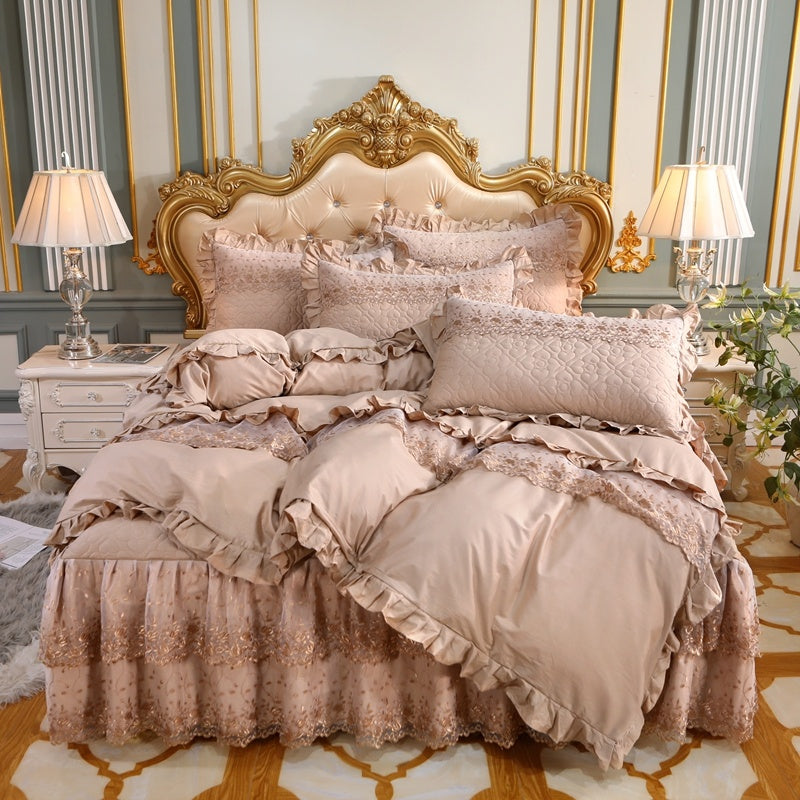 HKM-824595 Cotton Double-Layer Lace Bed Skirt Set - 4-Piece Bedding Ensemble in Multiple Colors