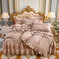 HKM-824595 Cotton Double-Layer Lace Bed Skirt Set - 4-Piece Bedding Ensemble in Multiple Colors