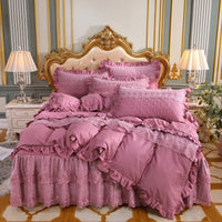 HKM-824595 Cotton Double-Layer Lace Bed Skirt Set - 4-Piece Bedding Ensemble in Multiple Colors