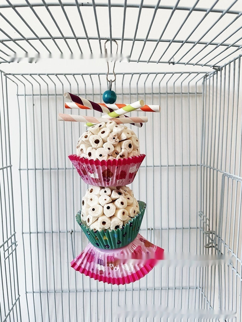 HKM-824851 Edible Wooden Bird Toy with Soft Balls for Chewing and Shredding Fun