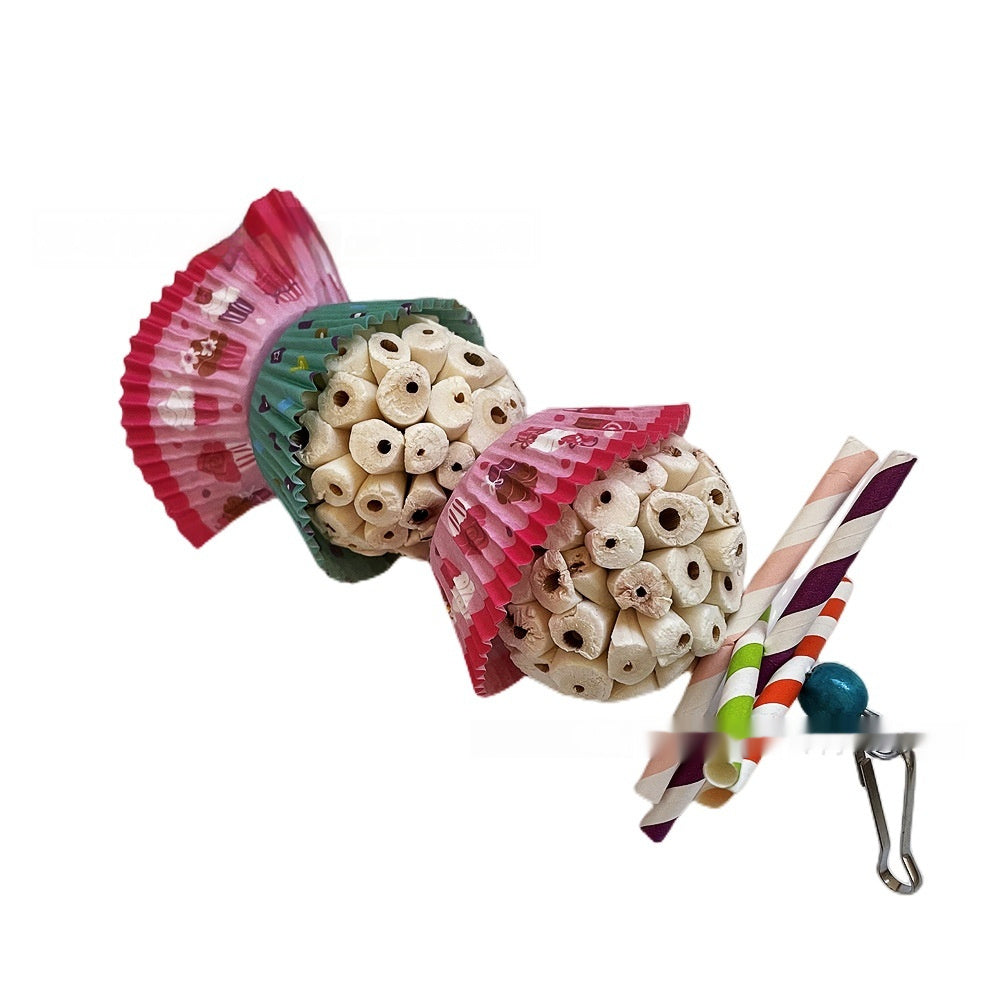 HKM-824851 Edible Wooden Bird Toy with Soft Balls for Chewing and Shredding Fun
