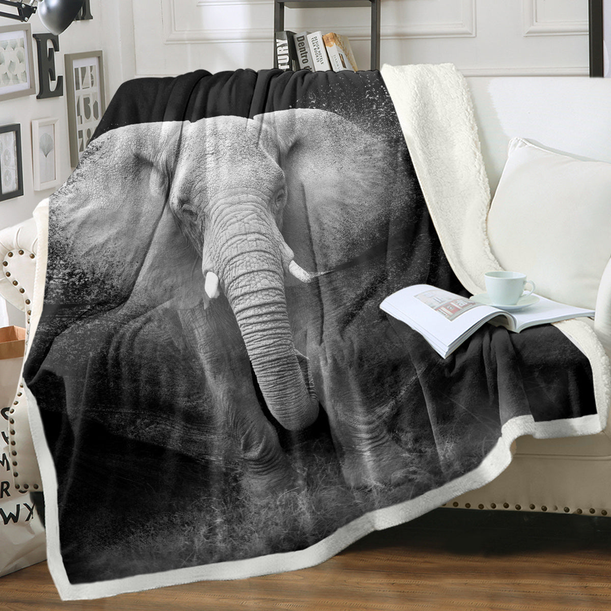 HKM-824915 Reversible 3D Elephant Sherpa Fleece Blanket, Soft Flannel for Couch or Bed, 130x150cm, 150x200cm