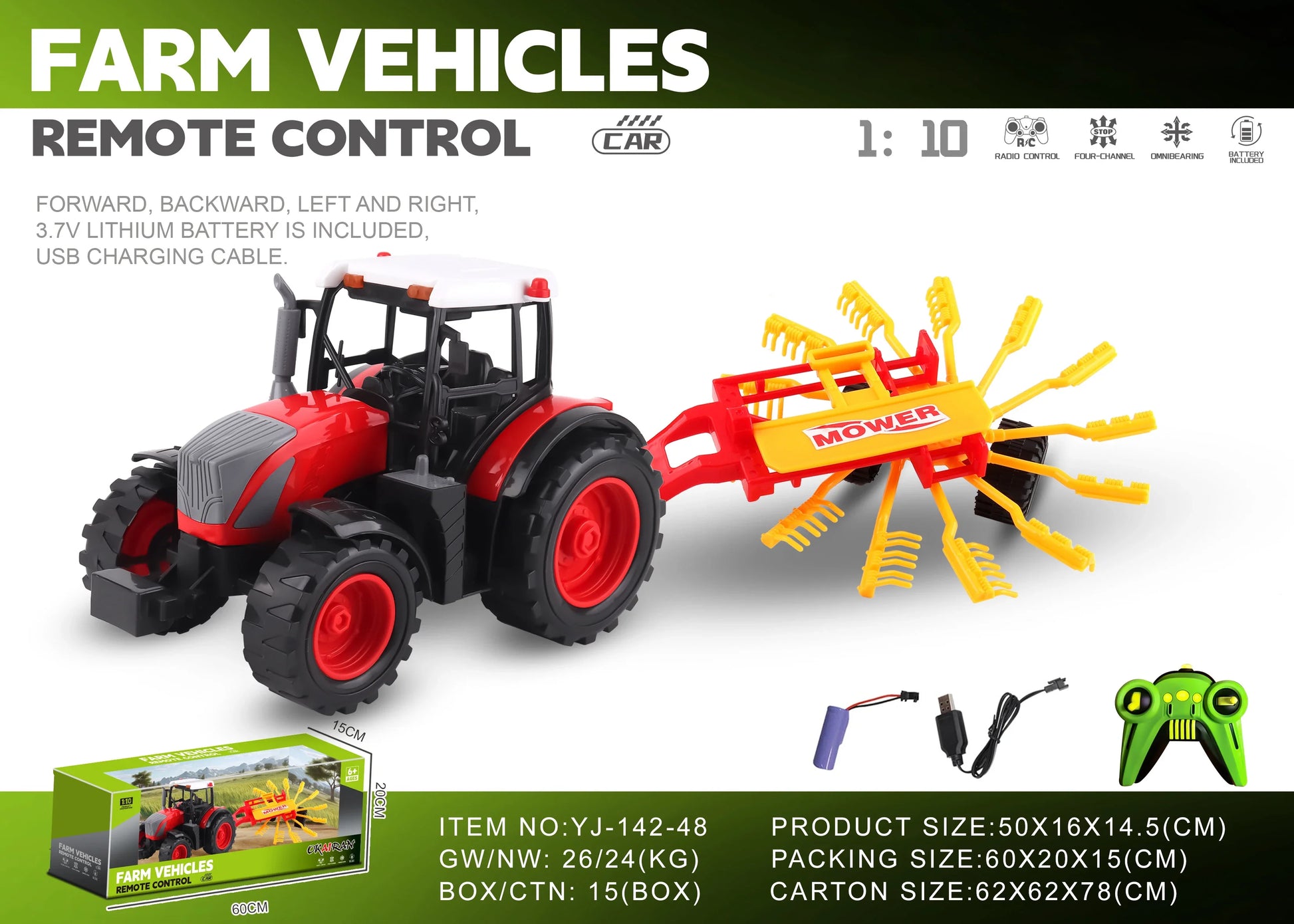 HKM-825171 1/10 Scale Remote Control Farmer Truck - 4CH Electric Dump Vehicle for Kids with Big Wheels